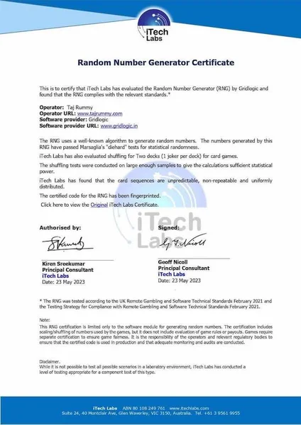 RNG Game Fairness and Testing Laboratory Certification